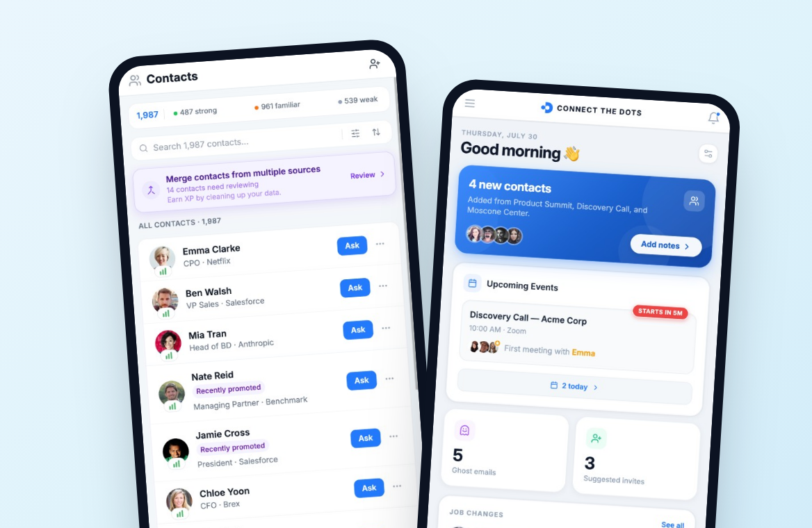 CTD Mobile contacts view with relationship strength, next to the home screen with new contacts and upcoming events