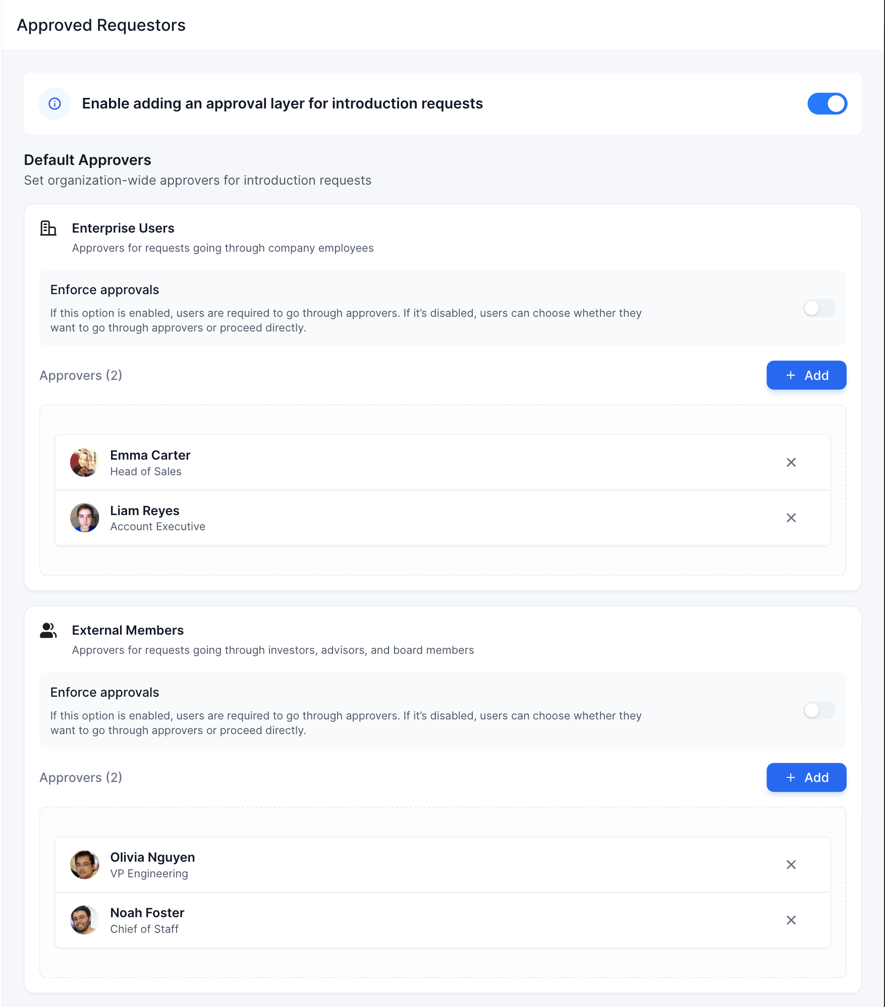 The approvers configuration showing default approver groups for Enterprise Users and External Members, each with its own Enforce approvals toggle
