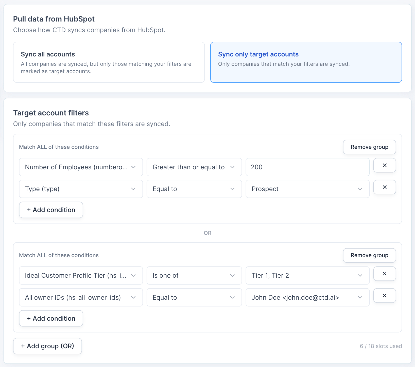 Target account filters showing two condition groups combined with OR — one matching number of employees and company type, the other matching ICP tier and owner