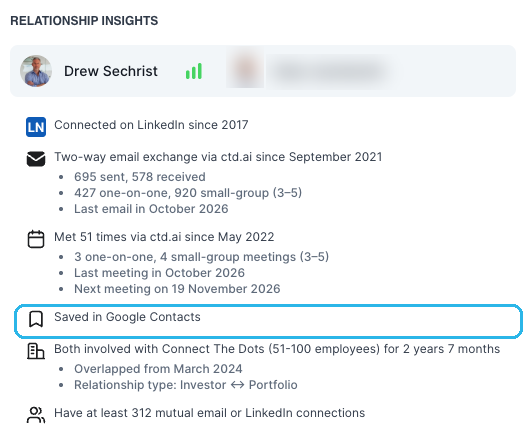 Relationship Insights panel with the Saved in Google Contacts signal highlighted among the other relationship signals