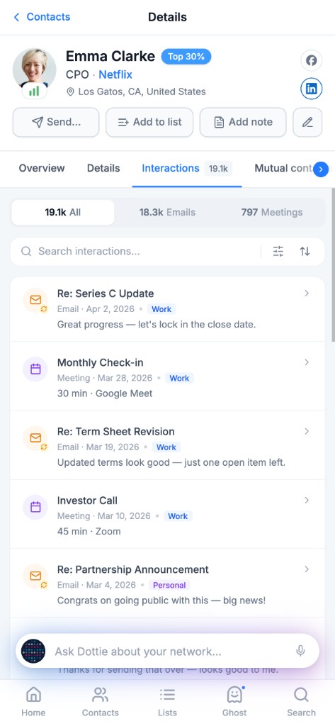 Interactions timeline with emails and meetings for a contact