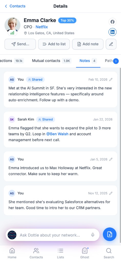 Shared notes on a contact profile