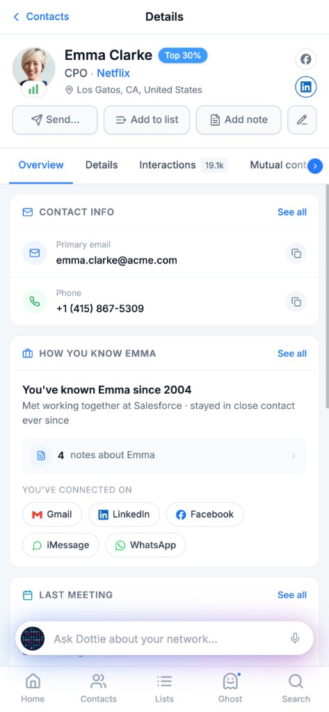 Contact overview showing how you know Emma Clarke across Gmail, LinkedIn, and more