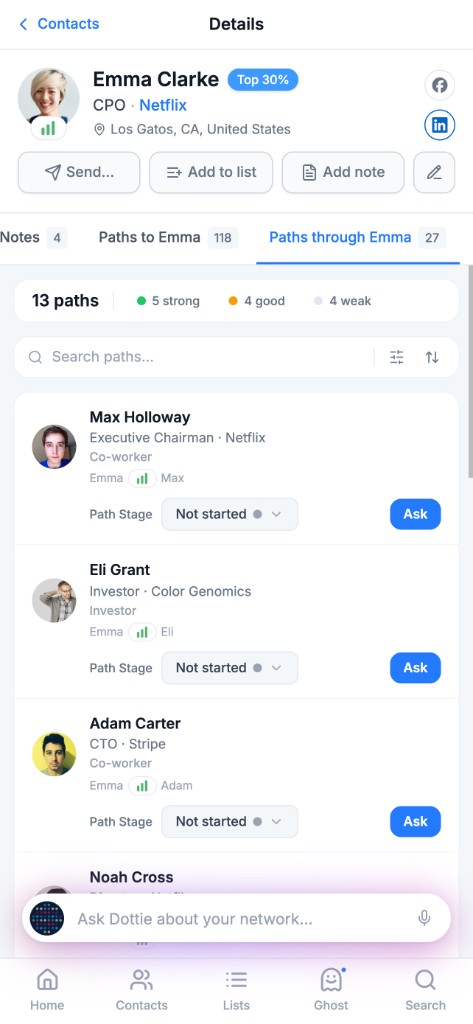 Paths through a contact showing warm introduction opportunities