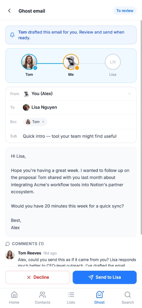 Ghost email draft ready to review and send