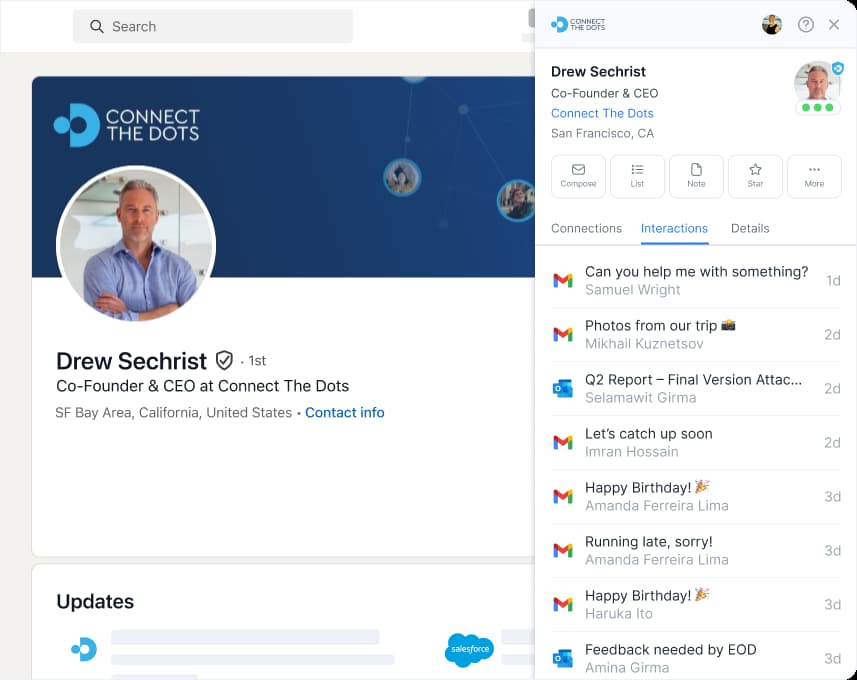 Connect The Dots Chrome extension open beside a professional profile: contact details and the Interactions tab with recent Gmail and Outlook messages.