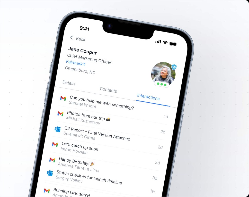 Mobile app showing a contact profile for Jane Cooper with the Interactions tab selected, listing recent Gmail and Outlook messages in a single unified timeline.