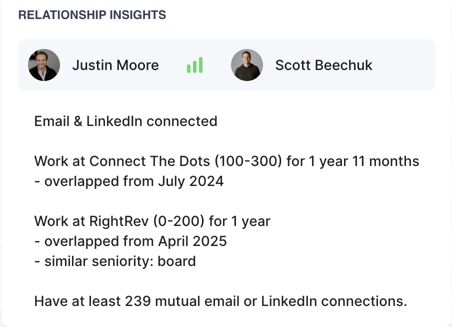 Relationship insights panel showing shared employers, overlapping tenure, similar seniority and mutual connections between two people